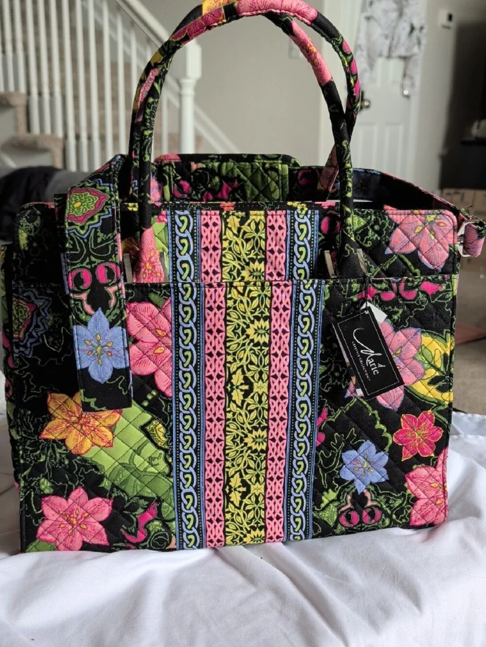 Quilted Floral Tote Bag in Black with Multicolor Accents by Vera Bradley